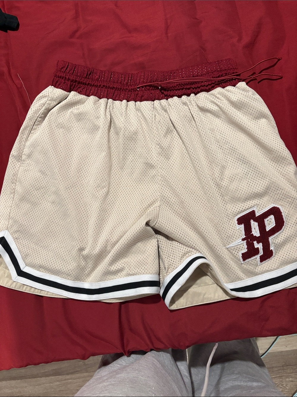 Inaka Power Beige Mesh Athletic Shorts with Maroon Waistband
